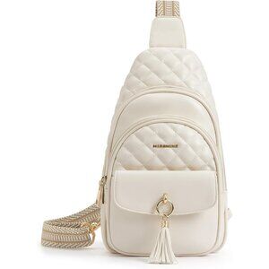 New Beige PU Leather Sling Bag, Quilted Crossbody Travel Bag with Tassel